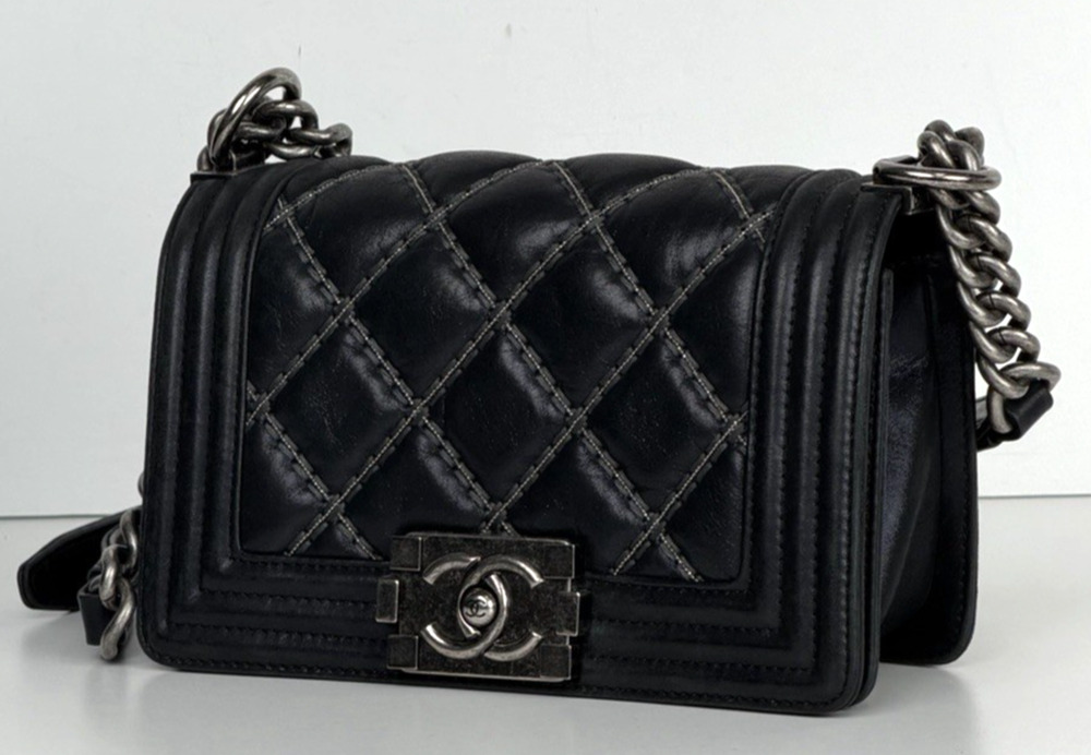 Chanel Boy Bag Small in Black Beaded Double Stitch with Gunmetal Chain 2017 E-3